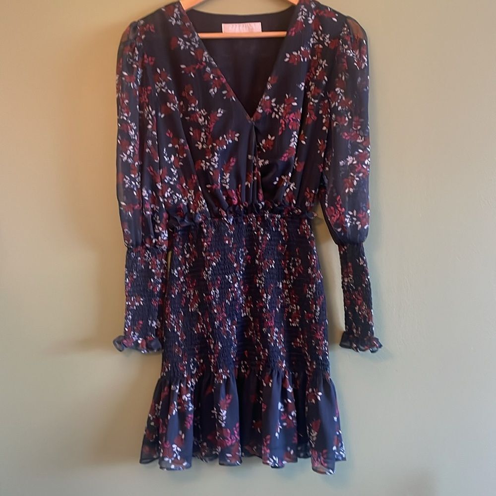 Keepsake Embrace Smocked Longsleeve VNeck Mini Dress Navy Floral Cocktail Sz S - Picture 6 of 12